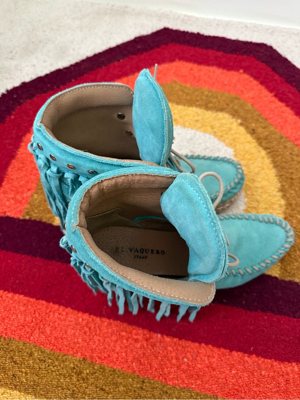 El Vaquero Cowboy Turquoise Suede Fringe Moccasin Booties - - Picture 3 of 3